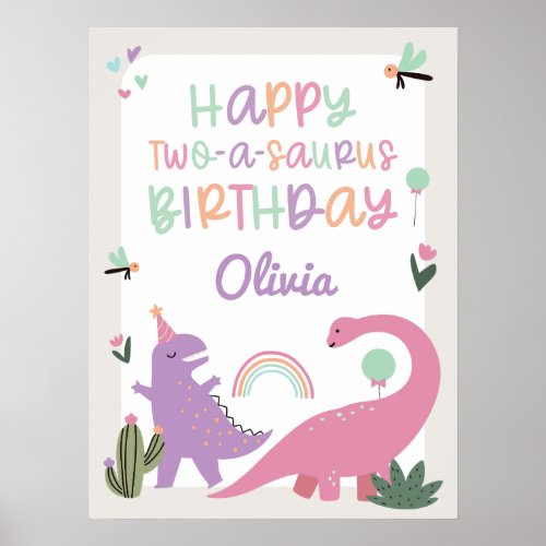 Pink Girl Dinosaur 2nd Birthday Party Poster Sign