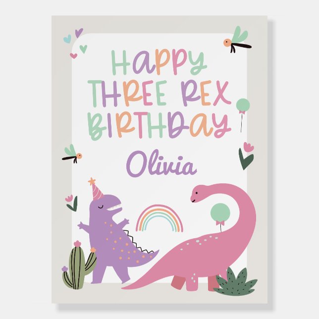 Pink Girl Dinosaur 3rd Birthday Party Foam Sign (Front)