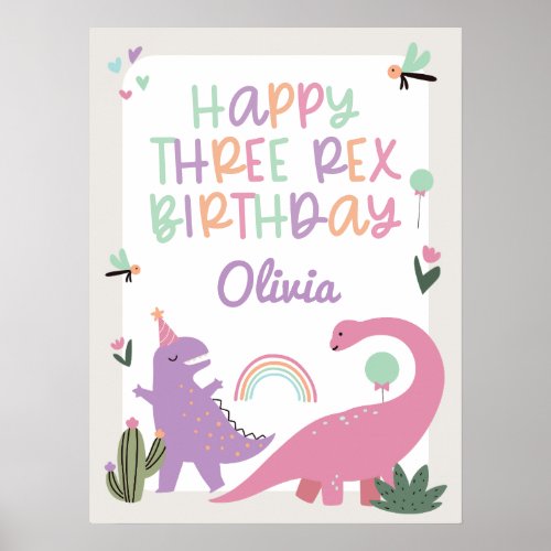Pink Girl Dinosaur 3rd Birthday Party Poster