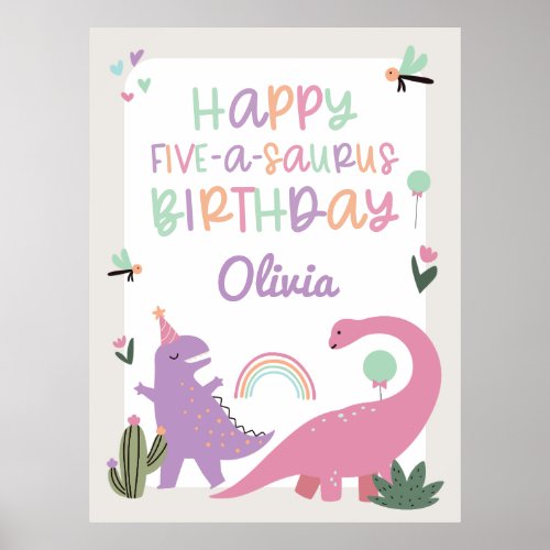 Pink Girl Dinosaur 5th Birthday Party Poster