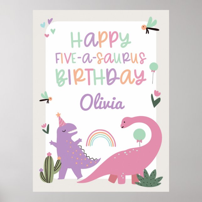 Pink Girl Dinosaur 5th Birthday Party Poster (Front)