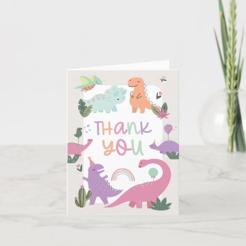 Pink Girl Dinosaur 5th Birthday Thank You Cards