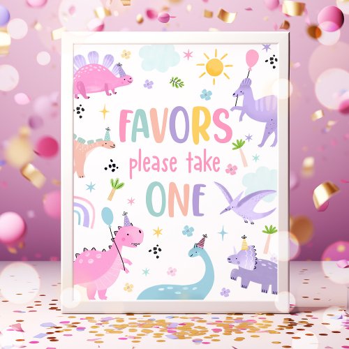 Pink Girl Dinosaur Birthday Party Favors Poster