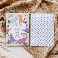 Pink Girl Dinosaur Birthday Party Invitation