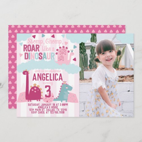 Pink Girl Dinosaur Birthday Party Themed Invitatio Invitation