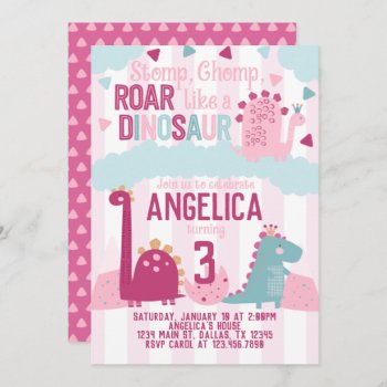 Pink Girl Dinosaur Birthday Party Themed Invitation by PerfectPrintableCo at Zazzle