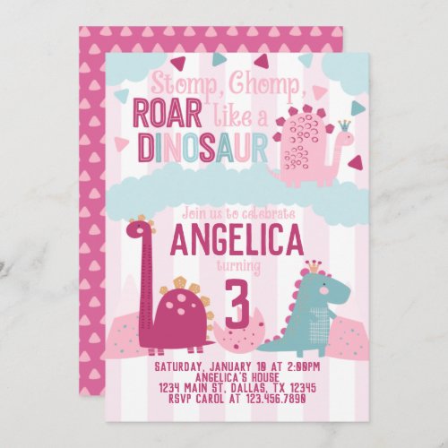 Pink Girl Dinosaur Birthday Party Themed Invitation