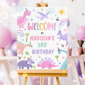 Pink Girl Dinosaur Birthday Party Welcome Poster