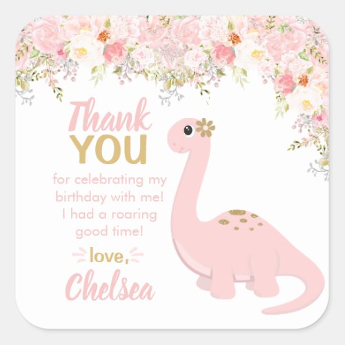 Pink Girl Dinosaur Floral Favor Square Sticker