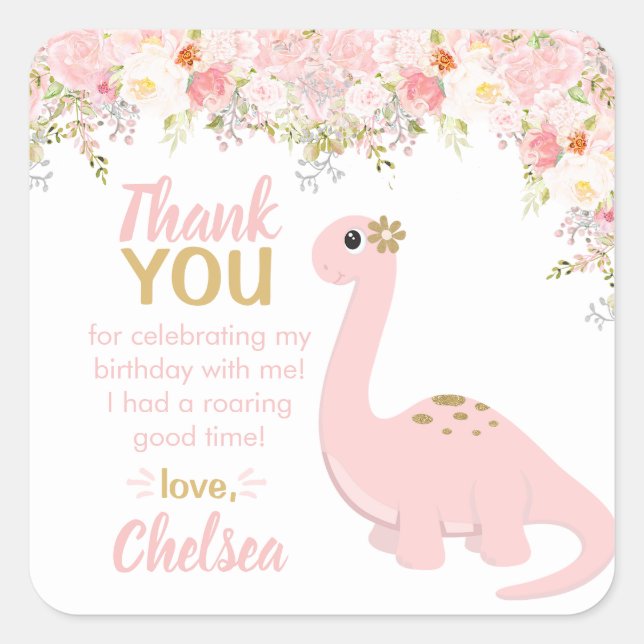 Pink Girl Dinosaur Floral Favor Square Sticker (Front)