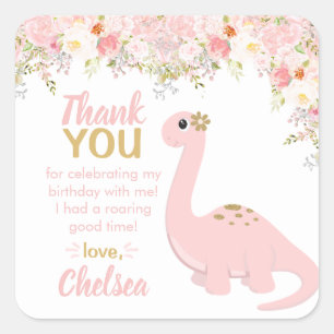 Pink Girl Dinosaur Floral Favor Square Sticker