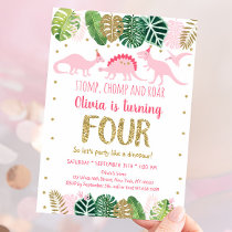 Pink Girl Dinosaur Fourth Birthday Invitation
