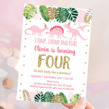 Pink Girl Dinosaur Fourth Birthday Invitation by LittlePrintsParties at Zazzle