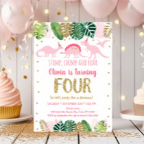 Pink Girl Dinosaur Fourth Birthday Invitation