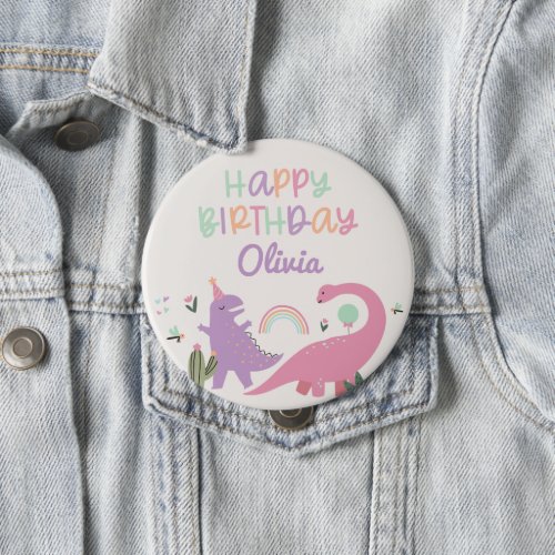 Pink Girl Dinosaur Happy Birthday Button