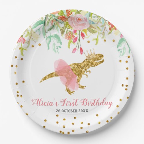 Pink Girl Dinosaur Paper Party Plate