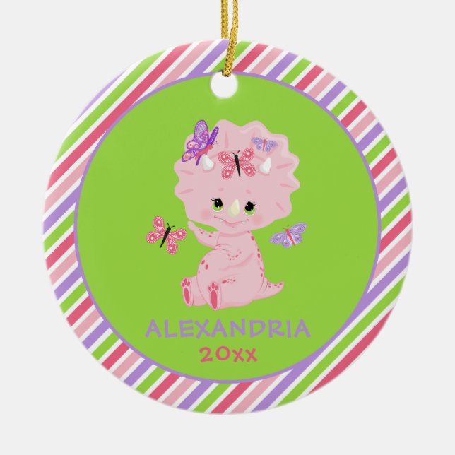 Pink Girl Dinosaur Personalized Stripes Christmas Ceramic Ornament (Front)