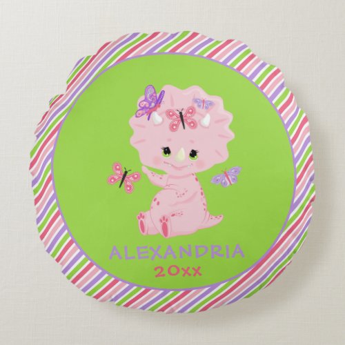 Pink Girl Dinosaur Personalized Stripes Round Pillow
