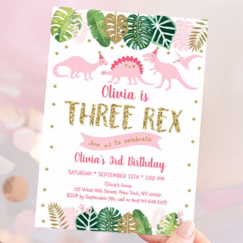 Pink Girl Dinosaur THREE REX Birthday Invitation