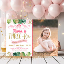 Pink Girl Dinosaur THREE REX Birthday Invitation