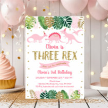 Pink Girl Dinosaur THREE REX Birthday Invitation