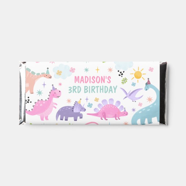 Pink Girl Dinosaur Three Rex Birthday Party Hershey Bar Favors (Front)