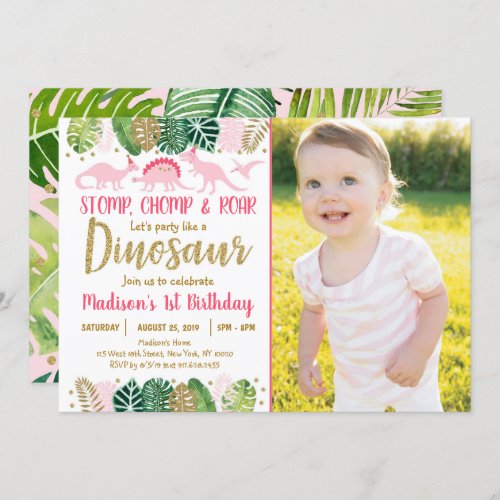 Pink Girl Dinosaur Tropical Birthday Invitation