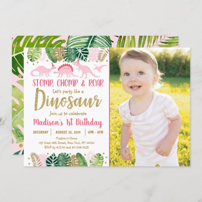 Pink Girl Dinosaur Tropical Birthday Invitation (Front/Back)