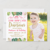 Pink Girl Dinosaur Tropical Birthday Invitation (Front)