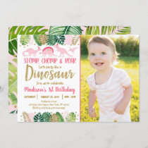 Pink Girl Dinosaur Tropical Birthday Invitation