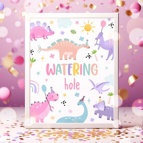 Pink Girl Dinosaur Watering Hole Birthday Party  Poster