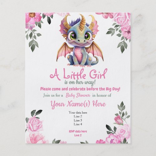 Pink Girl Dragon Floral Baby Shower Invitation Flyer