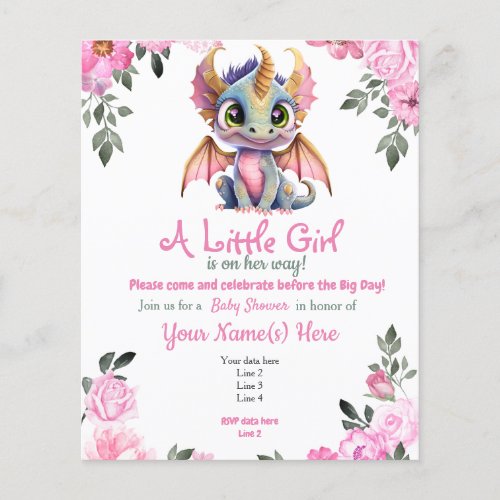 Pink Girl Dragon Floral Baby Shower Invitation Flyer