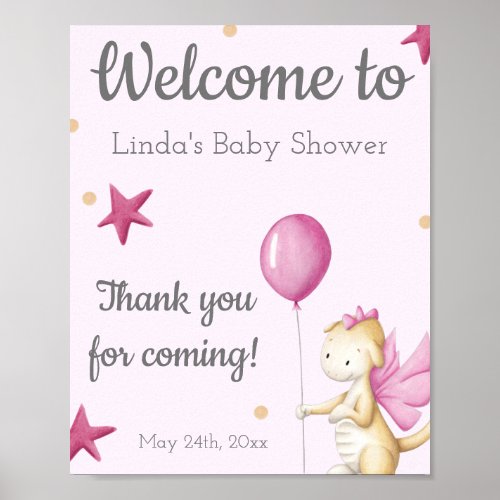 Pink Girl Dragon Welcome Baby Shower Poster