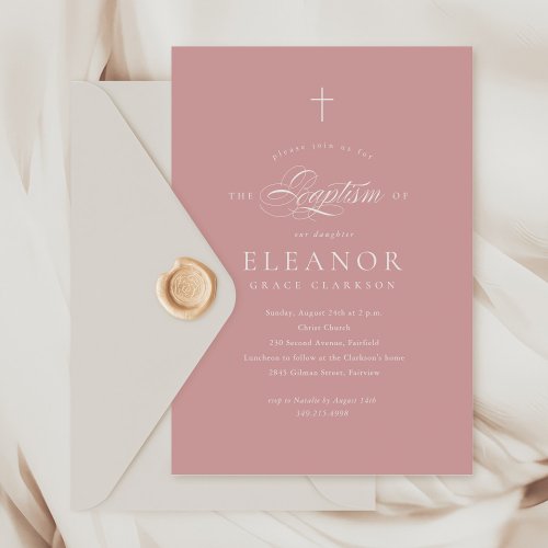 Pink Girl Elegant Cross Calligraphy Baptism Invitation