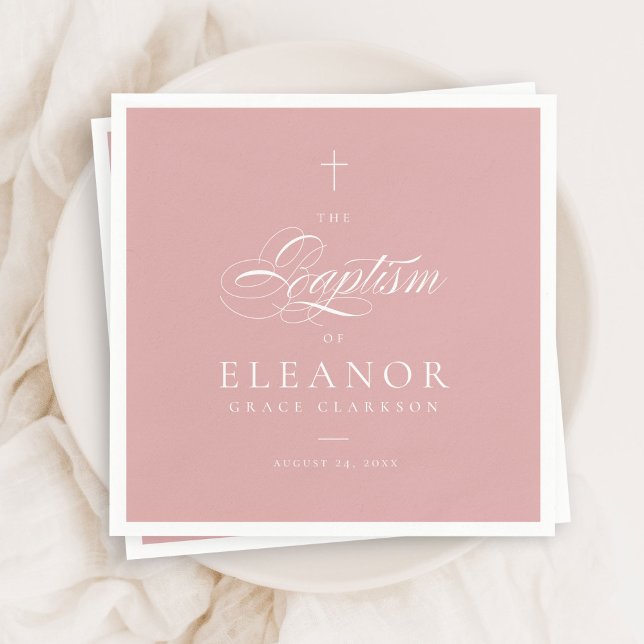 Pink Girl Elegant Cross Script Calligraphy Baptism Napkins (Creator Uploaded)