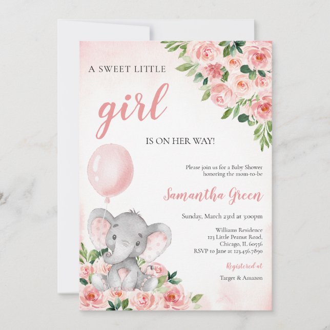 Pink Girl Elephant Baby Shower Invitation (Front)
