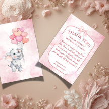 Pink Girl Elephant Baby Shower Thank You Card
