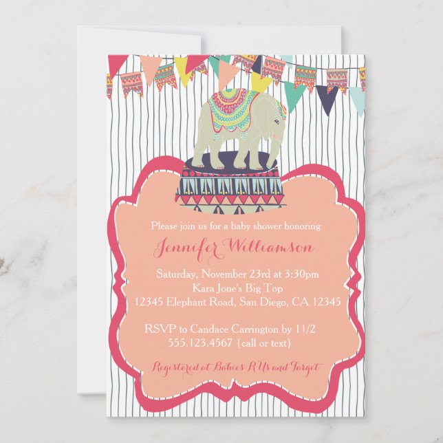 Pink Girl Elephant Circus Baby Shower Invitation (Front)