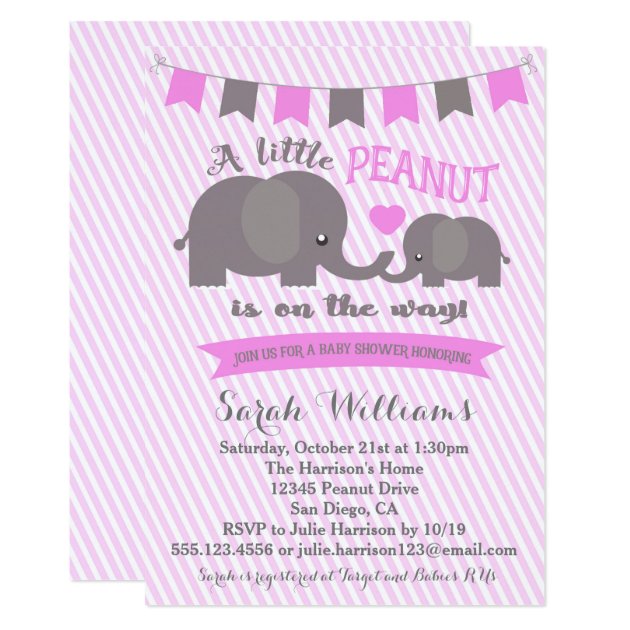 Pink Girl Elephant Peanut Baby Shower Invitation