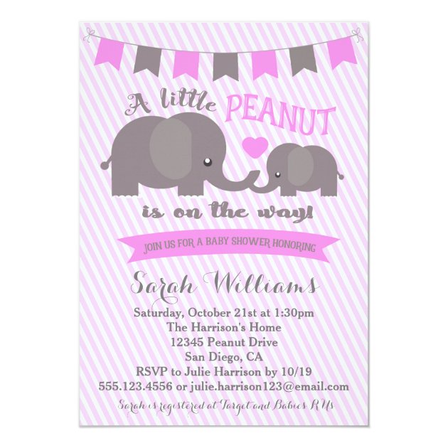 Pink Girl Elephant Peanut Baby Shower Invitation