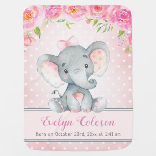 Pink Girl Elephant Polka Dot Birthday Stat Nursery Baby Blanket
