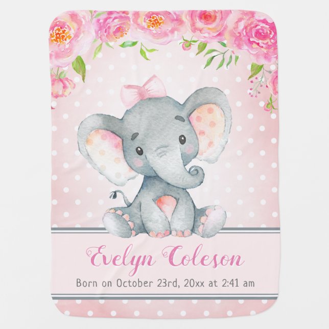 Pink Girl Elephant Polka Dot Birthday Stat Nursery Baby Blanket (Front)