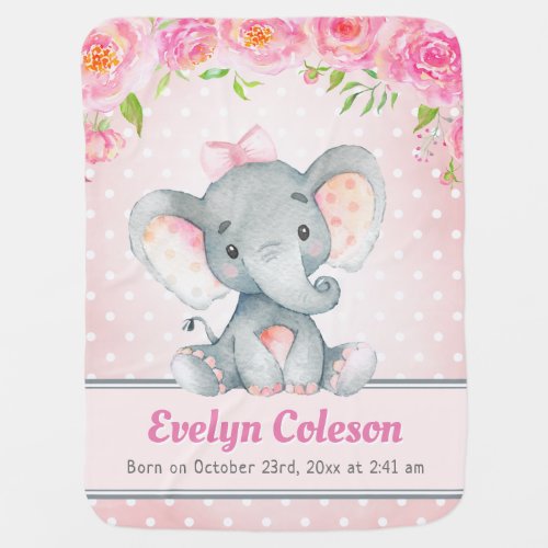 Pink Girl Elephant Polka Dot Birthday Stat Nursery Baby Blanket