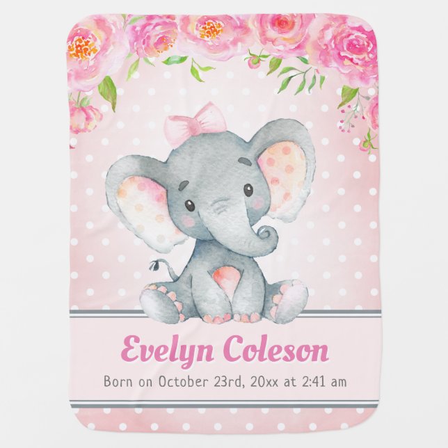 Pink Girl Elephant Polka Dot Birthday Stat Nursery Baby Blanket (Front)