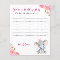 Pink Girl Elephant Shower New Parents Advice Cards