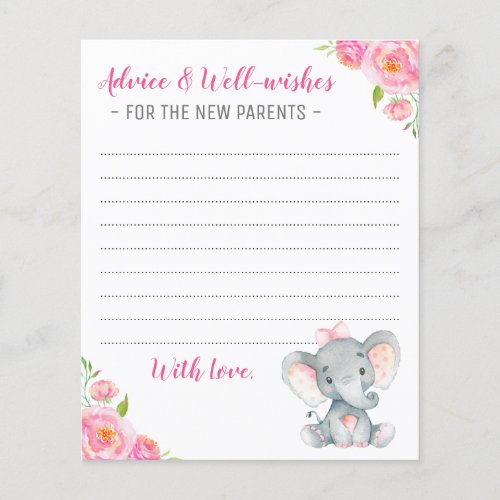 Pink Girl Elephant Shower New Parents Advice Cards