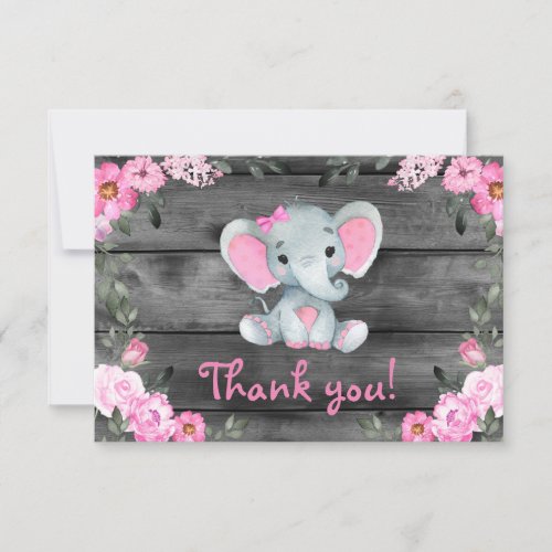 Pink Girl Elephant Thank you Card Rustic Floral