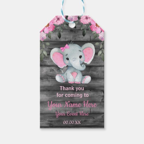 Pink Girl Elephant Thank You Tag Rustic Flowers
