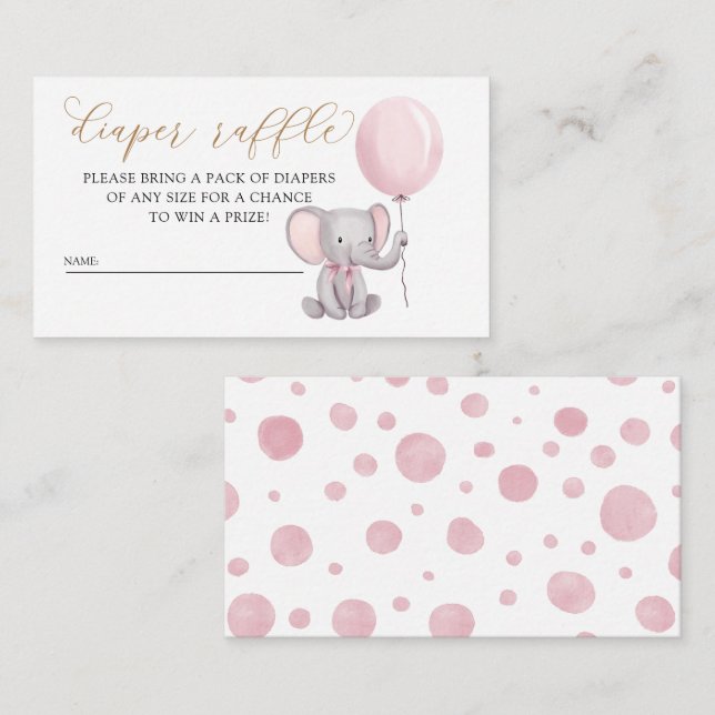 Pink Girl Elephant With Balloon Diaper Raffle Enclosure Card (Front/Back)